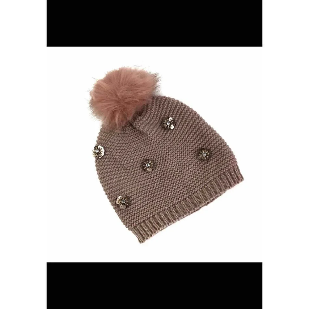 Neiman Marcus Hat Pom Beanie Pink Tan Blush Floral Embellished Bling One Size